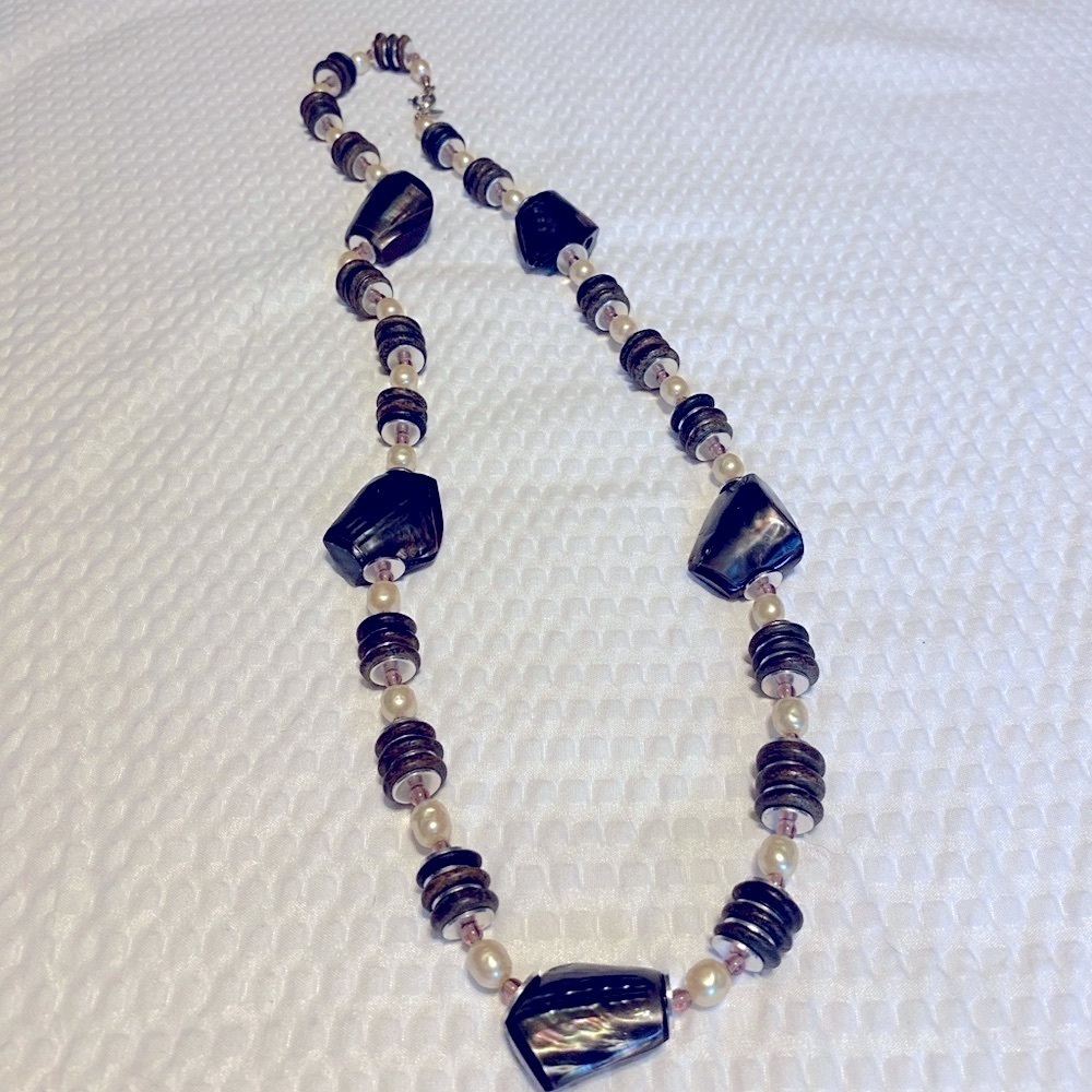Sanora David Black Silver Beaded Necklace Pearl Accents